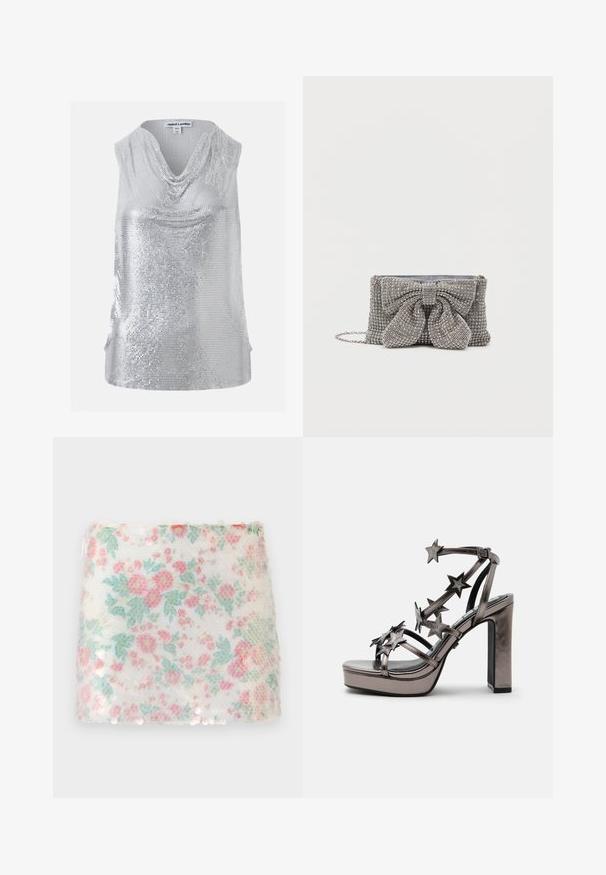 Top sans manches argenté à sequins avec un col bénitier drapé, taille XS/S, marque Jaded London.; Tissu blanc à motif floral avec des fleurs pastel roses et vertes, présentant une surface texturée et de légers sequins le long du bord inférieur.; Sandale métallique à talon haut avec semelle plateforme et plusieurs brides décorées d’embellissements en forme d’étoile et boucle à la cheville.; Sac à main gris pailleté avec une surface texturée, mettant en valeur un grand nœud sur le devant et une bandoulière en chaîne. Forme rectangulaire compacte.