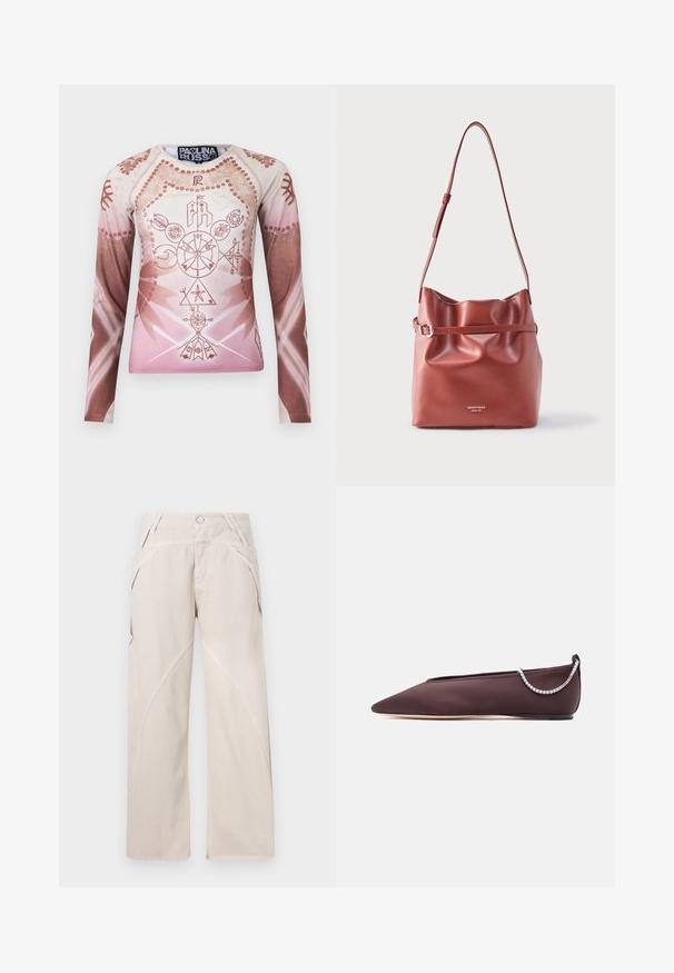 Camisa de manga larga en tonalidades degradadas de rosa claro y marrón, con intrincados gráficos geométricos y florales, fabricada en tela suave.; Pantalones de pierna ancha en color beige, hechos de una mezcla de algodón, con detalles de costura curva, cierre de botón y bolsillos laterales. Diseño de frente plano.; Zapato plano de punta fina de color marrón oscuro con un tacón bajo y un detalle de cadena de pedrería plateada en la parte trasera.; Bolso de hombro de cuero marrón con correa ajustable, parte superior fruncida y un detalle de cinturón delgado a lo largo del centro, grabado con el logotipo de la marca.