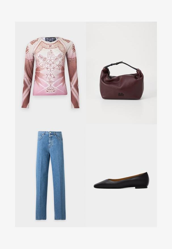 Camisa de manga larga en tonalidades degradadas de rosa claro y marrón, con intrincados gráficos geométricos y florales, fabricada en tela suave.; Vaqueros de mezclilla azul de corte recto con cintura alta, cierre de botón, trabillas para cinturón, bolsillos frontales y costuras visibles, mostrados sobre un fondo liso.; Zapato plano de punta puntiaguda de cuero negro con tacón bajo y acabado liso, mostrado de perfil sobre un fondo gris claro.; Bolso de cuero burdeos con una textura suave y arrugada, una correa negra ajustable y un cierre de cremallera. Presenta un logo sutil en la parte inferior.