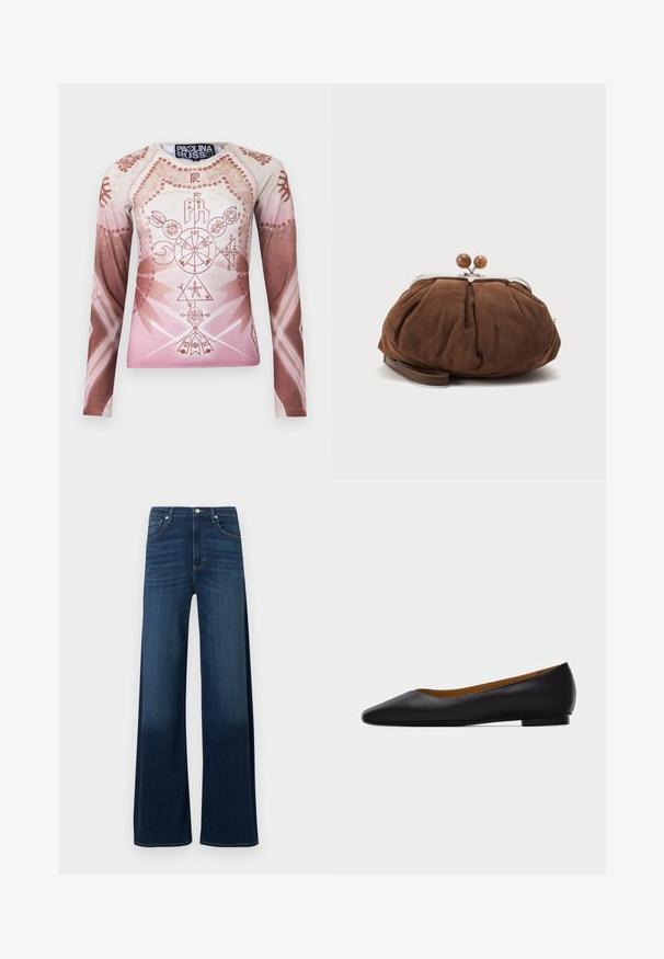 Camisa de manga larga en tonalidades degradadas de rosa claro y marrón, con intrincados gráficos geométricos y florales, fabricada en tela suave.; Vaqueros de pierna ancha en denim azul oscuro. Presentan una cintura alta, cinco bolsillos, sutiles marcas de desgaste y detalles de costura a lo largo de las costuras.; Zapato plano de punta puntiaguda de cuero negro con tacón bajo y acabado liso, mostrado de perfil sobre un fondo gris claro.; Bolso de mano marrón suave de ante con marco metálico plateado y bolas redondas marrones como cierre sobre un fondo claro y sencillo.