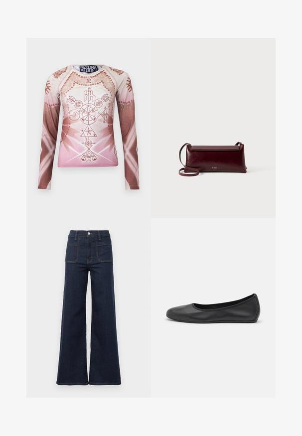 Langærmet skjorte i gradientnuancer af lys pink og brun, med detaljerede geometriske og blomsterlige grafikker, lavet af glat stof.; Mørkeblå flagrende jeans lavet af denim med høj talje, der har to baglommer og kontrasterende syninger langs sømmene.; Sort læderballetsko med rund tå, glat tekstur, minimal syning og et fleksibelt såldesign.; Bordeaux læder crossbody taske med en glat tekstur, rektangulær form, flaplukning og en tynd justerbar rem. Guldlogo detalje synlig.