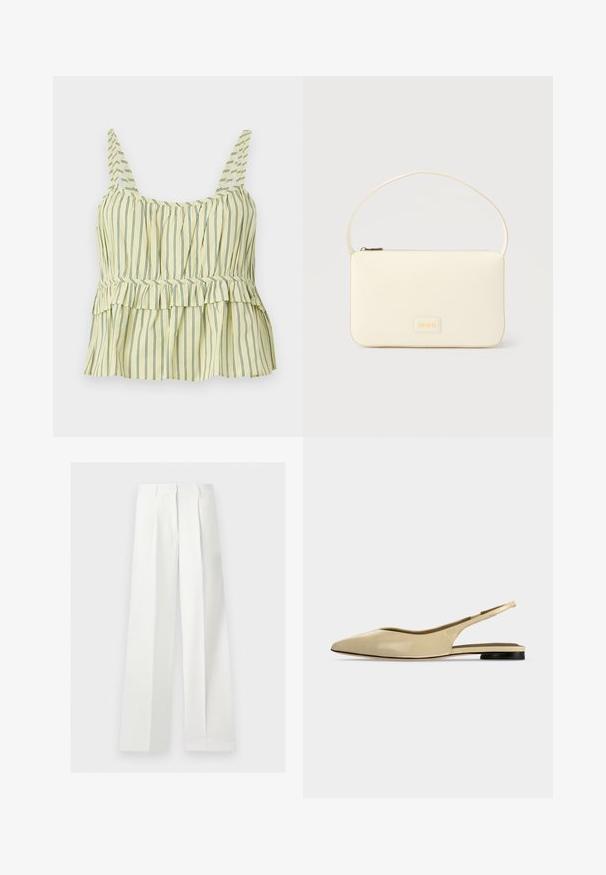 Haut jaune sans manches avec de fines rayures verticales sombres, buste froncé, détail taille péplum et larges bretelles.; Pantalon blanc taille haute à jambes larges, confectionné, avec plis devant et fermeture éclair cachée.; Chaussure plate beige à bout pointu avec bride arrière, petit talon noir et finition en cuir lisse, vue de côté sur un fond uni.; Sac à main rectangulaire de couleur crème avec une seule sangle et une fermeture éclair sur le dessus, comportant une petite plaque de logo embossé à l'avant.