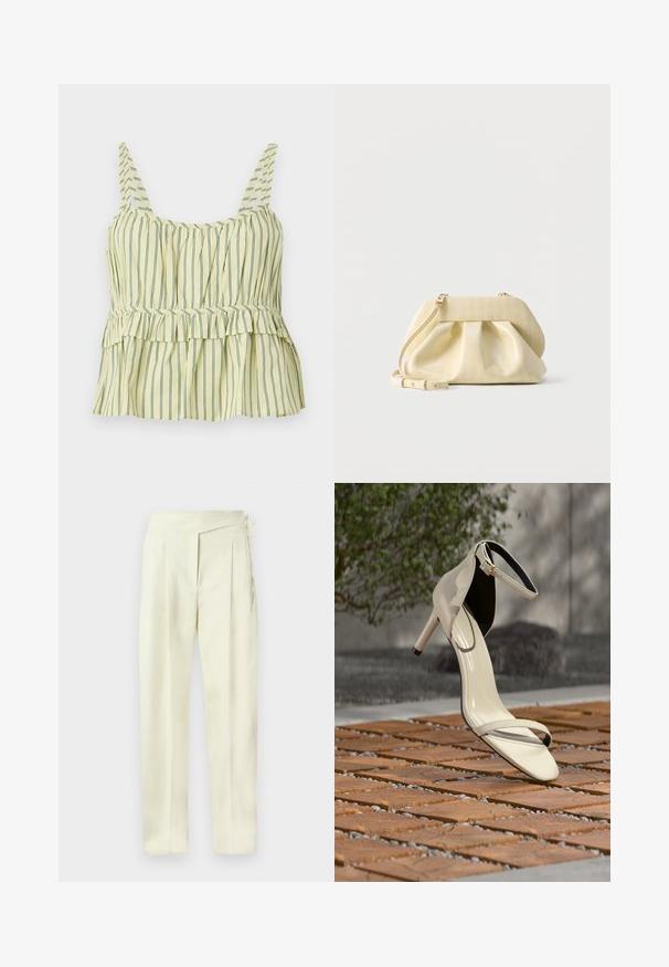 Haut jaune sans manches avec de fines rayures verticales sombres, buste froncé, détail taille péplum et larges bretelles.; Pantalon taille haute couleur crème, coupe ajustée avec plis, fermeture latérale et jambes droites, sur fond uni.; Sandale beige à talons hauts avec bride à la cheville posée sur des lattes en bois en extérieur, avec un arrière-plan flou de verdure et de béton.; Petit sac à main en cuir jaune pâle avec devant froncé, ferrures dorées et bandoulière réglable sur fond blanc.