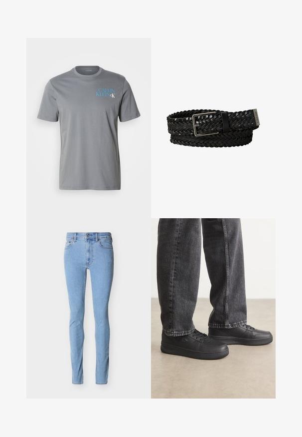 Graues Baumwoll-T-Shirt mit Rundhalsausschnitt und kurzen Ärmeln, mit blauer "CALVIN KLEIN"-Aufschrift auf der linken Seite. Glatte Textur.; Hellblaue Slim-Fit-Jeans mit Frontknopf, Reißverschluss und Fünf-Taschen-Design, präsentiert vor weißem Hintergrund.; Schwarze Leder-Sneaker mit flachen Schnürsenkeln, glatter Textur, dezenten Perforationen und Logo-Detail, kombiniert mit dunklen Jeans.; Schwarzer geflochtener Ledergürtel mit rechteckiger Metallschnalle und Calvin Klein Markenetikett am Ende.