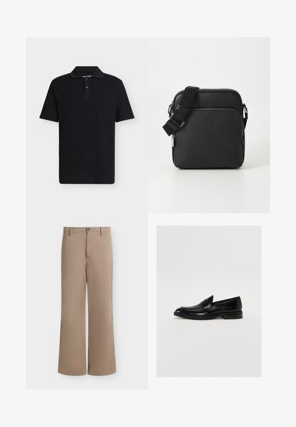 Polo noir manches courtes avec une patte à deux boutons et un col classique, présenté sur un fond gris clair uni.; Pantalon beige droit avec fermeture par bouton et zip, passants pour ceinture et poches latérales sur fond uni.; Mocassin en cuir noir avec une pointe arrondie, des coutures discrètes et une finition lisse. Doté d'un talon bas empilé et d'une sangle sur le cou-de-pied.; Sac bandoulière en cuir noir avec une surface texturée, doté d'une poche zippée à l'avant, d'une bandoulière ajustable et d'accents en métal.