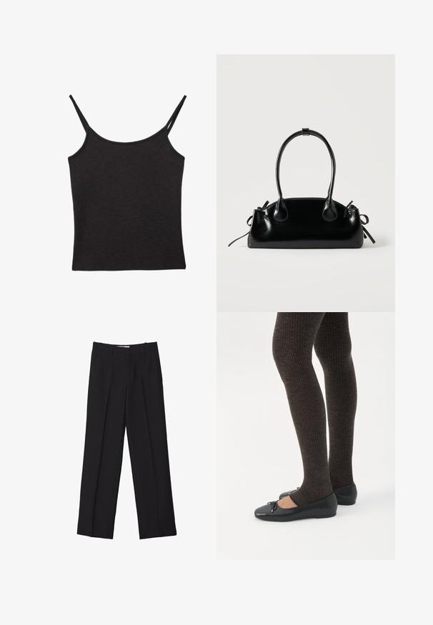 Haut caraco en tissu côtelé noir avec fines bretelles doubles et un décolleté droit, posé à plat sur fond blanc.; Pantalons noir sur mesure avec une coupe droite, présentant des plis doubles, une texture lisse et des détails de couture frontale subtils.; Jambes portant des leggings côtelés foncés associés à des ballerines noires avec de petits détails en nœud sur fond blanc.; Petit sac à main noir brillant avec deux longues anses et des détails à cordon sur les côtés sur un fond clair uni.