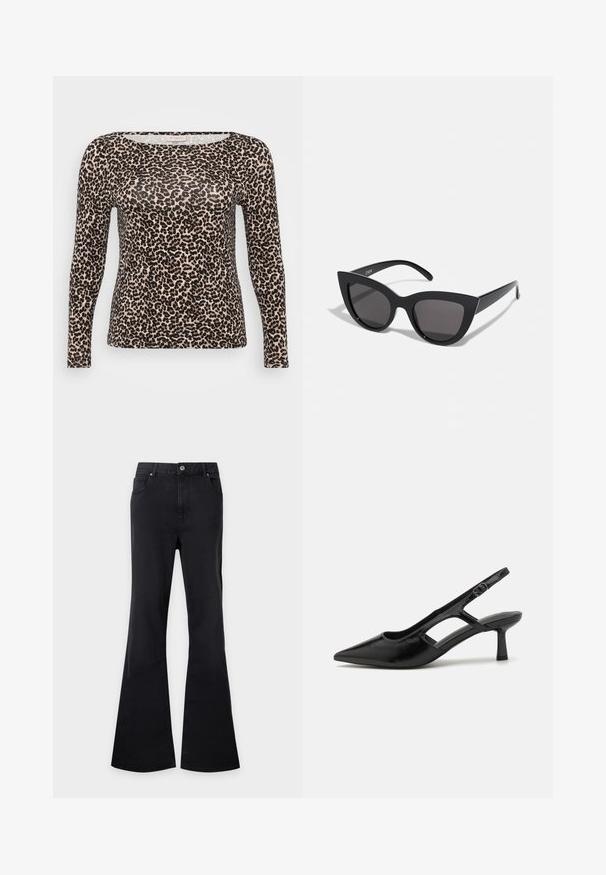 Langærmet top i let stof med en beige bundfarve og sort leopardprintmønster samt en bred, rund halsudskæring.; Sorte højtaljede jeans med knaplukning foran, lommer og brede, udflared ben, vist fladt på en ensfarvet lys baggrund.; Sorte slingback hæle med spidse tæer, lavet af blankt materiale, med udskæringsdetaljer og en moderat hæl for støtte.; Sorte cat-eye solbriller med mat finish, der har grå tonede linser, skarpe vinkler og slanke sidearme. Mærkenavnet er synligt på den indre arm.