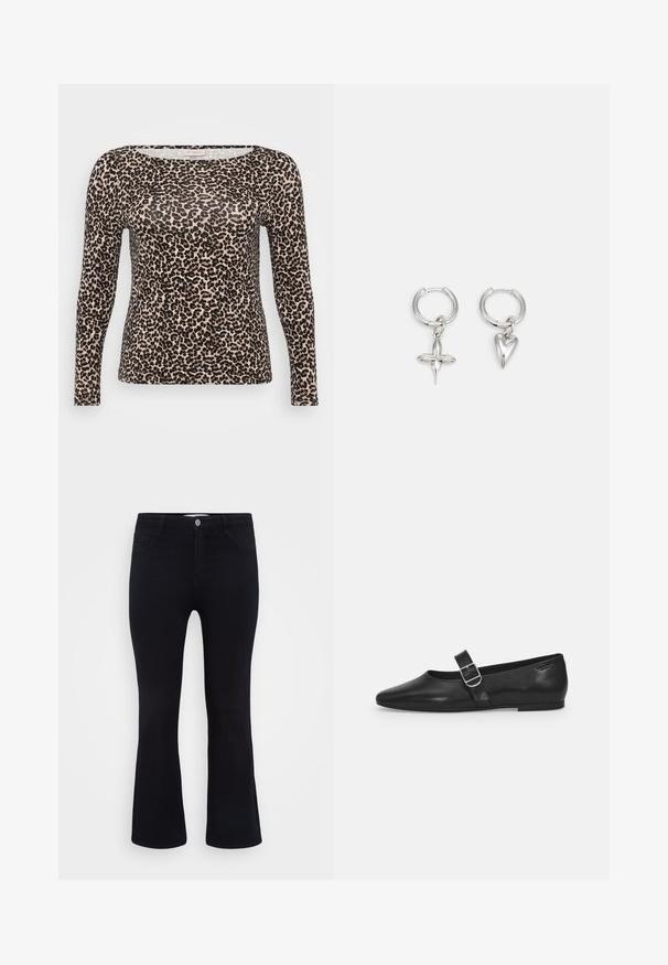 Langærmet top i let stof med en beige bundfarve og sort leopardprintmønster samt en bred, rund halsudskæring.; ONLY Carmakoma Flared fit CARTHUNDER Mid waist - Flared jeans - black denim; Sorte læder flade sko med rund tå, et enkelt justerbart spænde og en glat, blank overflade. Minimalistisk design med en lav hæl.; Sølv hoop øreringe med et kors og hjerte charm. Glat, skinnende tekstur med en poleret finish. Hver charm hænger fra en sikker løkke.