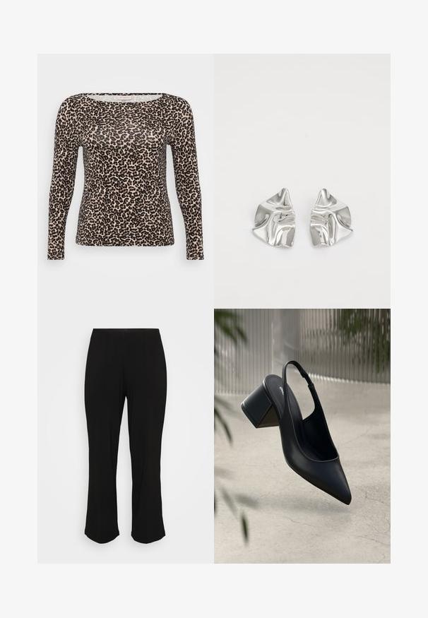 Langærmet top i let stof med en beige bundfarve og sort leopardprintmønster samt en bred, rund halsudskæring.; Sorte, flagrende bukser med en glat overflade og subtile folder, vist mod en ensfarvet hvid baggrund.; Sort læder slingback hæl med spids tå og blokhæl. Glat tekstur, minimalistisk design og justerbar ankelrem.; Sølvmetal øreringe med et bølgende, skulpturelt design, der har en poleret overflade og uregelmæssige former, hvilket fremhæver en moderne æstetik.