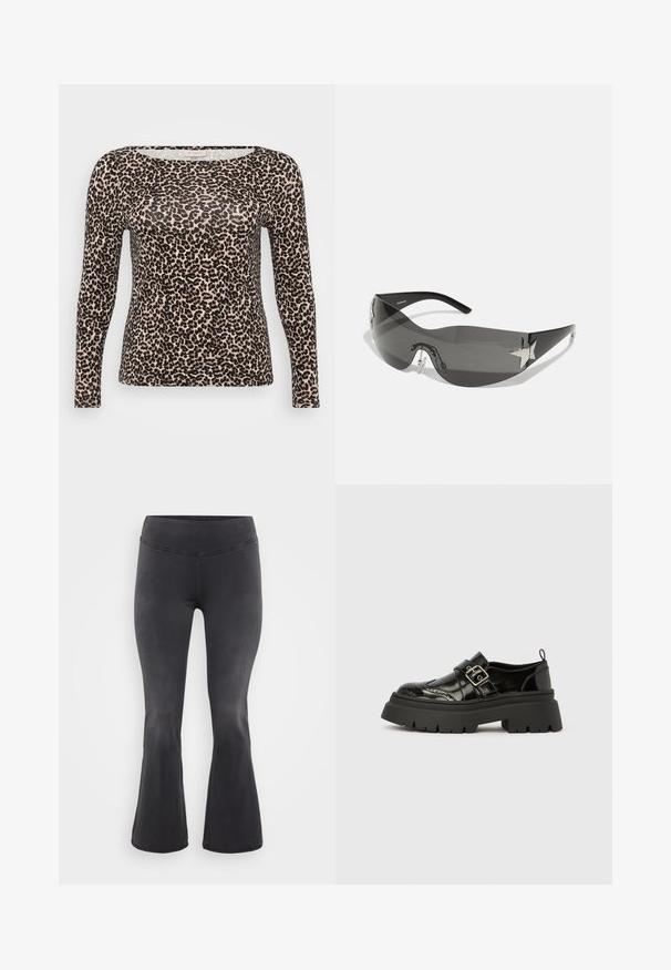 Dlhý rukáv top z ľahkej látky s béžovým podkladom a čiernym leopardím vzorom a širokým, zaobleným výstrihom.; ONLY Carmakoma Flared fit CARROYAL Mid waist - Zvonové džínsy - washed black; Čierna lakovaná kožená mokasína s hrubou podrážkou, brogue zdobením a strieborným prackovým pásikom cez priehlavok.; Čierne slnečné okuliare s obopínajúcim dizajnom, tmavými sklíčkami, lesklými hviezdicovými akcentmi a nastaviteľnými nosovými podložkami.