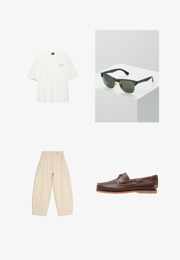 T-shirt blanc oversize à manches courtes avec col rond et petit texte "Streets keep secrets" sur la poitrine gauche.; Pantalon beige taille haute à jambes larges avec plis, poches latérales, passants pour ceinture et fermeture par bouton sur la ceinture avant.; Chaussure bateau en cuir marron avec coutures blanches, détails de lacets et semelle en caoutchouc beige, vue de côté sur fond blanc.; Lunettes de soleil Ray-Ban avec des verres verts, monture en plastique noir et accents dorés sur les bords. Forme carrée avec une finition mate.