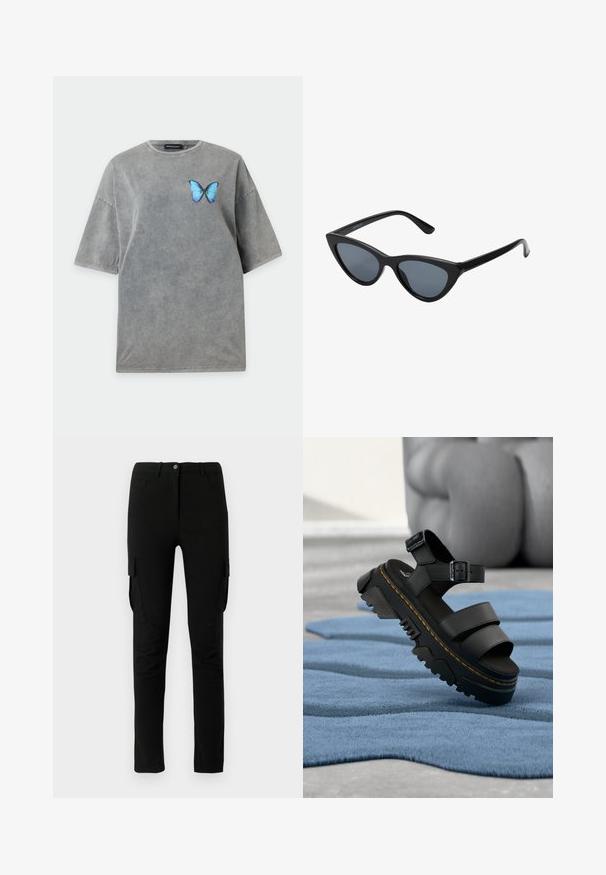 Graues oversized T-Shirt mit kurzen Ärmeln, rundem Ausschnitt und einem kleinen blauen Schmetterling auf der linken Brust.; Schwarze Cargo-Hosen mit slim Fit, ausgestattet mit seitlichen Taschen, einem Knopfverschluss und einem glatten, leicht strukturierten Stoff.; Schwarze Plateau-Sandale mit dicker Sohle, verstellbarem Knöchelriemen und gelber Naht, liegend auf blauem strukturiertem Stoff.; Schwarze Cat-Eye-Sonnenbrille mit dunkelgrauen Gläsern, schlankem Kunststoffrahmen, spitzen Ecken und geraden Bügeln. Keine sichtbaren Befestigungen oder Akzente.