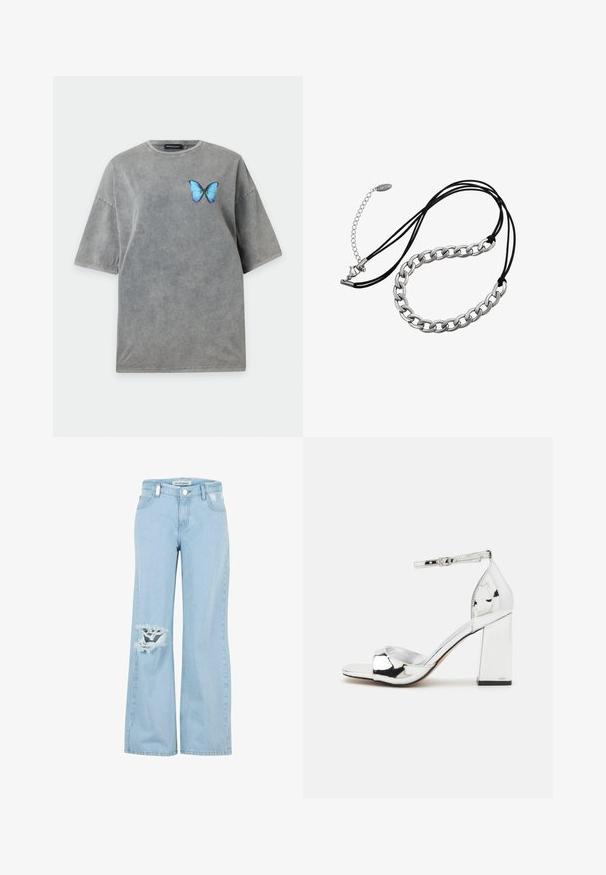 Graues oversized T-Shirt mit kurzen Ärmeln, rundem Ausschnitt und einem kleinen blauen Schmetterling auf der linken Brust.; Helle blaue Denim-Hosen im weit geschnittenen Design mit einem aufgerissenen Kniebereich und fransigen Kanten. Verfügt über ein klassisches Fünf-Taschen-Design und einen frontalen Knopfverschluss.; Silberne High-Heel-Sandale mit Blockabsatz, offenem Zehenbereich und Knöchelriemen. Verfügt über eine glänzende Lackoberfläche und eine gepolsterte Innensohle.; Silberne Halskette mit schwarzen Schnüren. Sie verfügt über große verbundene Metallelemente und einen Verschluss mit einer Kettenverlängerung und einem Logo-Anhänger.