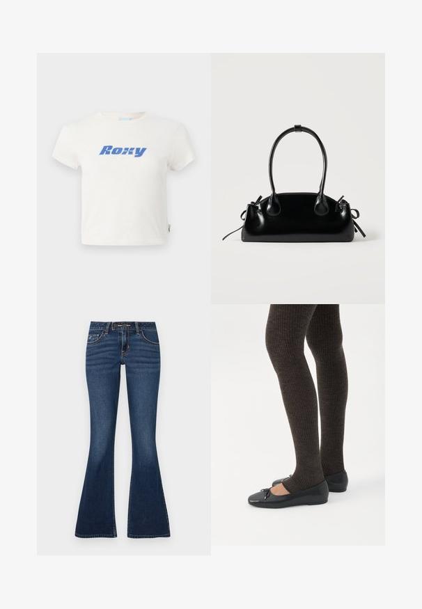 Λευκό βαμβακερό T-shirt με στρογγυλή λαιμόκοψη, με μια μεγάλη μπλε εκτύπωση του λογότυπου "Roxy" στο στήθος. Βραχίονες σύντομοι, κανονική εφαρμογή.; Τζιν καμπάνα σε σκούρο μπλε ντένιμ, με κλασικό σχεδιασμό πέντε τσεπών, αντίθετη ραφή και φερμουάρ με κλεισίματα κουμπιού.; Πόδια με σκουρόχρωμα ριμπ κολάν συνδυασμένα με μαύρα μπαλαρίνα παπούτσια με μικρές λεπτομέρειες φιόγκων σε λευκό φόντο.; Μικρή μαύρη γυαλιστερή τσάντα με δύο μακριές λαβές και λεπτομέρειες με ρυθμιζόμενο κορδόνι στο πλάι σε απλό ανοιχτό φόντο.