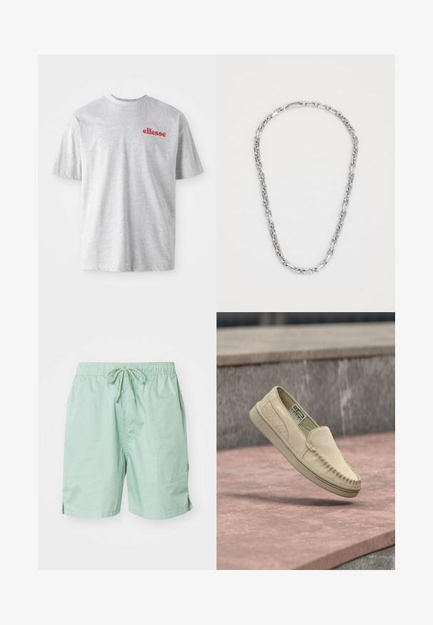 Šedé bavlnené tričko s okrúhlym výstrihom a krátkymi rukávmi. Na ľavej hrudi sa nachádza červené logo "ellesse". Mäkká textúra, ležérny dizajn.; Svetlozelené plavky vyrobené z hladkej tkaniny, s elastickým pásom na šnúrku, bočnými vreckami a krátkou dĺžkou.; Béžový semišový slip-on mokasín s prešívaným bočným panelom, švami v štýle mokasín a gumovou podrážkou, vznášajúci sa nad kamenným povrchom.; Calvin Klein ASPIRE - Náhrdelník - silver-coloured