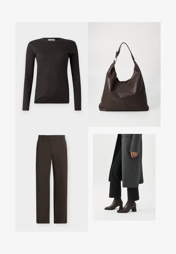 Camiseta de manga larga negra de canalé con cuello redondo, hecha de una tela suave, con un diseño básico sin adornos ni patrones.; Pantalones de pierna recta de color marrón oscuro con trabillas para cinturón y bolsillos delanteros, mostrados planos sobre un fondo claro.; Botines de tacón alto en piel marrón oscuro con puntera afilada y tacón cuadrado, combinados con pantalones negros y un abrigo gris.; Zign LEATHER - Bolso shopping - chocolate brown