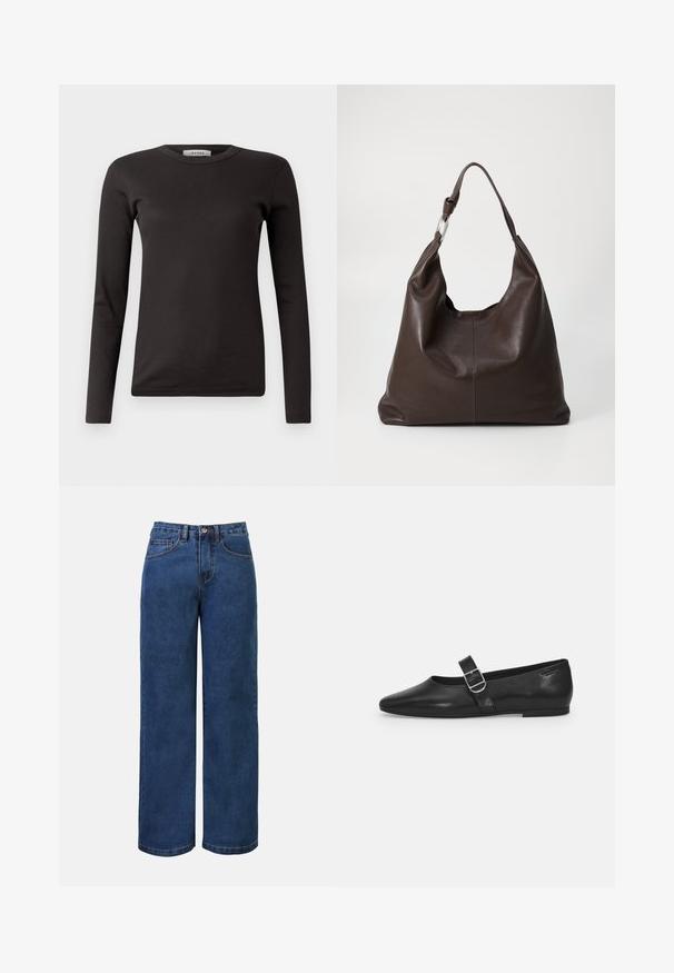 Zwarte langmouw rib T-shirt met een ronde halslijn, gemaakt van zachte stof, met een basisontwerp zonder versieringen of patronen.; Donkerblauwe denim wijde jeans met hoge taille, voorzien van een knoopsluiting, riemlussen en voor- en achterzakken. Glad textuur.; Zwarte leren platte schoen met een ronde neus, een enkele verstelbare gespsluiting en een gladde, glanzende textuur. Minimalistisch ontwerp met een lage hak.; Zign by Zalando LEATHER - Shopper - chocolate brown