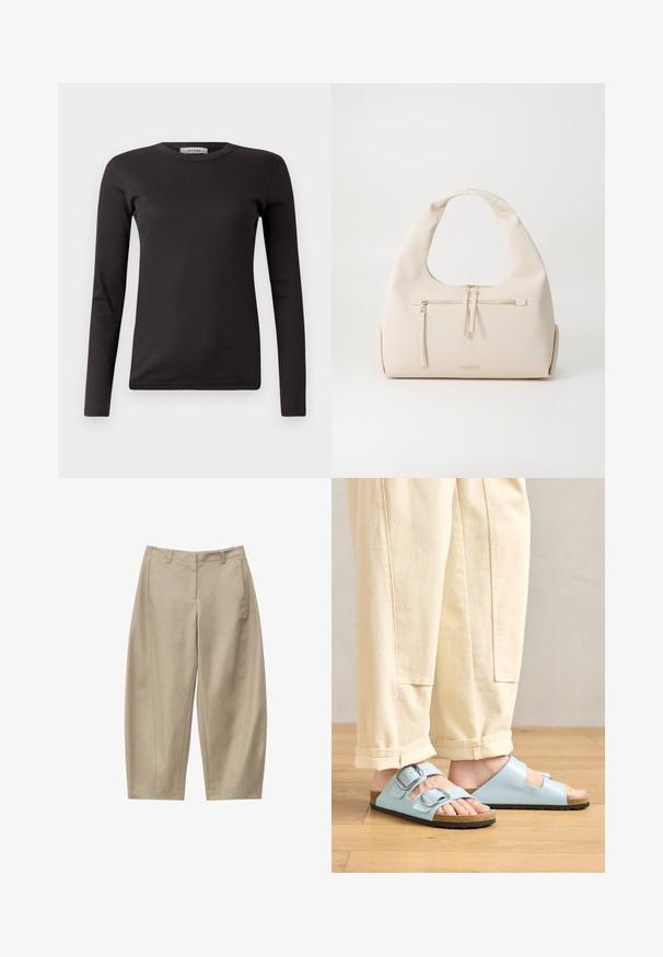 Sort langærmet ribbet T-shirt med rund halsudskæring, lavet af blødt stof, med et enkelt design uden udsmykninger eller mønstre.; Beige cropped bukser med lige ben, bæltestropper, sidelommer og lynlås foran, lagt fladt på hvid baggrund.; Lyseblå åbne sandaler med to spænder, korkfodbed og sort gummisål, kombineret med cremede brede bukser.; Beige læderhåndtaske med en buet skulderrem, der har en frontlomme med lynlås og diskrete guldindlæg. Glat tekstur og minimalistisk design.