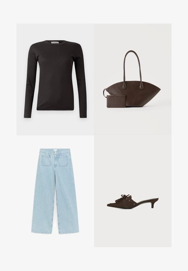 Zwarte langmouw rib T-shirt met een ronde halslijn, gemaakt van zachte stof, met een basisontwerp zonder versieringen of patronen.; Lichtblauwe wijde denim jeans met voorzakken, riemlussen en een knoopsluiting in de taille.; Bruine suède mule met puntige neus, lage kittenhiel, veterstrik met strik en kwastdetails op een witte achtergrond.; Donkerbruine leren handtas met lange handvatten en bijpassend klein ritstasje op een effen lichte achtergrond.
