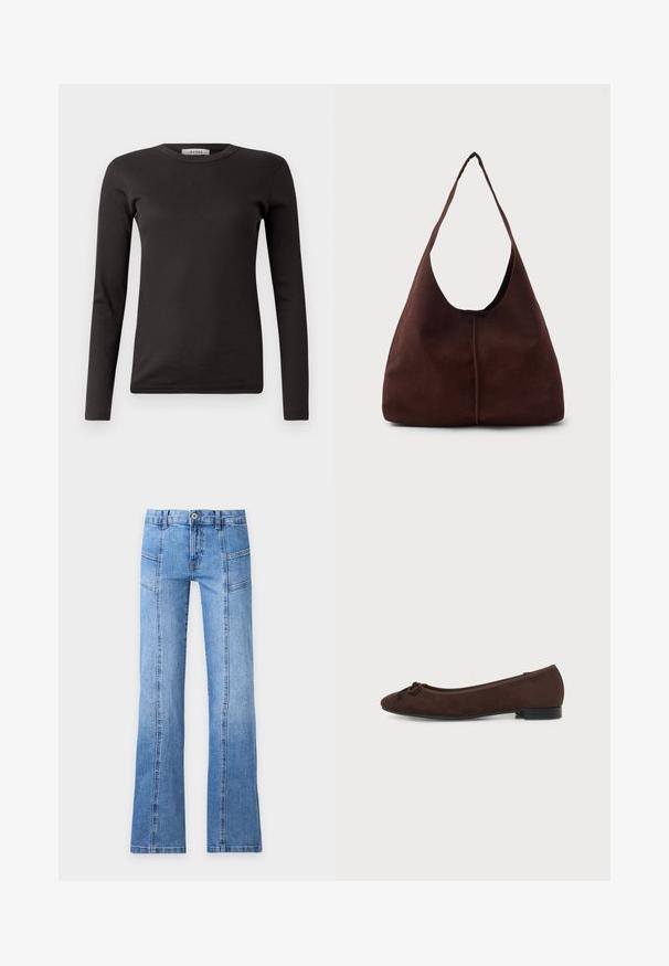 Schwarzes langärmeliges jersey T-Shirt mit Rundhalsausschnitt, aus weichem Stoff, mit einem schlichten Design ohne Verzierungen oder Muster.; Hellblaue Denim-Jeans mit hoher Taille, Frontknopf, Reißverschluss, Nahtdetails und leicht ausgestellten Beinen auf einfarbigem Hintergrund.; Dunkelbrauner Wildleder-Ballerina mit niedrigem Absatz und kleinem dekorativem Schleifchen an der abgerundeten Spitze, seitlich auf weißem Hintergrund gezeigt.; Braune Wildleder-Hobo-Tasche mit einer großen, geschwungenen Öffnung und einem breiten Schulterriemen. Sie verfügt über eine mittige Naht auf der Vorderseite. Glatte Textur.