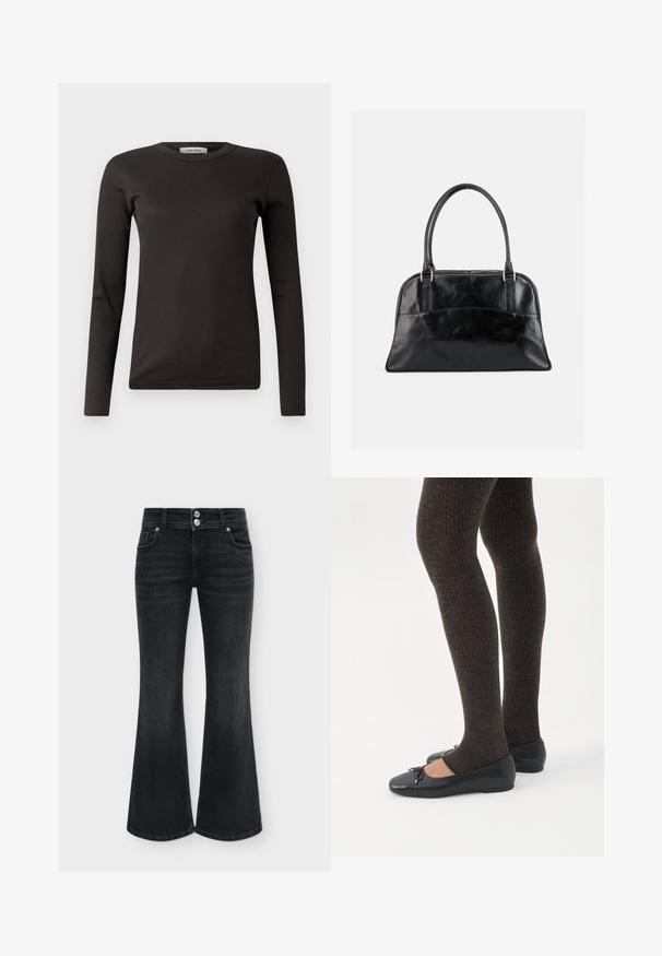 Zwarte langmouw rib T-shirt met een ronde halslijn, gemaakt van zachte stof, met een basisontwerp zonder versieringen of patronen.; Zwarte high waist flare jeans met dubbele zilveren knoopsluiting, voorzakken en brede pijpopeningen tegen een effen achtergrond.; Benen met donkere geribbelde leggings gecombineerd met zwarte ballerina's met kleine strikdetails op een witte achtergrond.; Zwarte leren handtas met twee afgeronde bovenhandvatten en een licht gebogen voorvak, weergegeven tegen een effen lichte achtergrond.