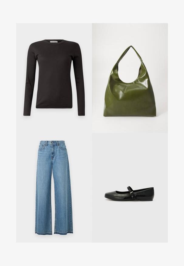 Sort langærmet ribbet T-shirt med rund halsudskæring, lavet af blødt stof, med et enkelt design uden udsmykninger eller mønstre.; Lyseblå højttaljede vidde jeans med knaplukning foran, lynlås og klassisk fem-lomme-design på hvid baggrund.; Sorte læder balletflade med rund tå, flad sål og en tynd justerbar rem over svangen med en metalspænde.; Grøn læder hobo taske med en slouchy design, buet håndtag og glat tekstur. Indeholder ingen synlig hardware eller accenter.