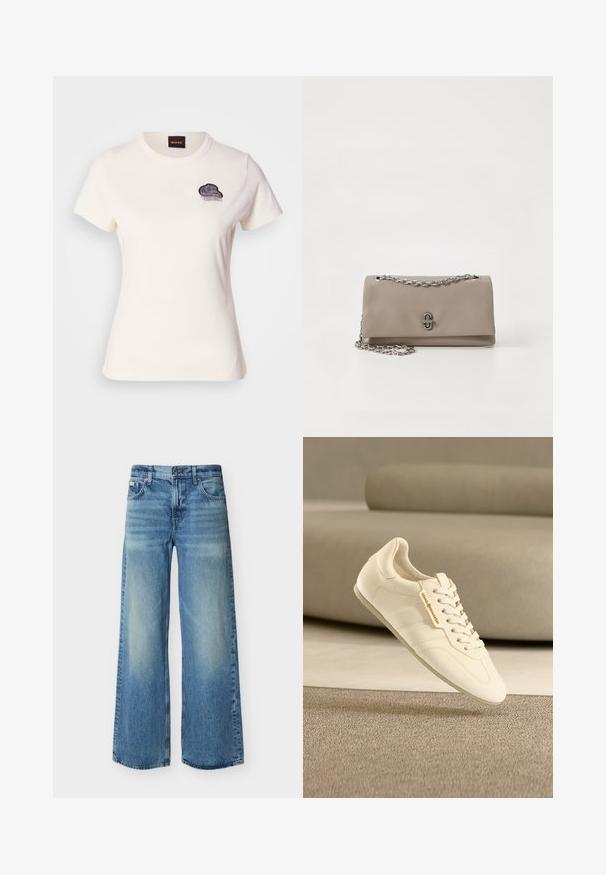 T-shirt en coton blanc avec un col rond et des manches courtes. Présente un design de nuage en broderie noire avec des détails en frange sur la poitrine.; Jean large à jambes larges bleu clair avec bouton et fermeture éclair à l'avant, poches avant et arrière, et une subtile décoloration sur les cuisses et les genoux.; Baskets en cuir beige clair avec finition texturée, lacets plats et marquage discret, présentant un design épuré et une silhouette minimaliste.; Sac à épaule en cuir beige avec une bandoulière en chaîne argentée et un détail de fermoir à l'avant. Texture lisse avec une forme rectangulaire et un design minimal.