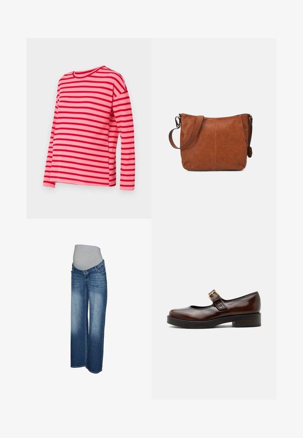 MAMALICIOUS Regular Fit Round Neck - Pullover - racing red; Jean de maternité en denim bleu clair à foncé. Coupe jambes larges avec une ceinture élastique grise pour le confort et l'élasticité. Aucun élément métallique visible.; Chaussure Mary Jane marron foncé avec finition brillante, bout arrondi, petit talon bloc et bride avec boucle dorée sur le cou-de-pied.; Sacoche en cuir brun avec une forme incurvée, une sangle ajustable et des détails de couture minimaux, offrant un intérieur spacieux.