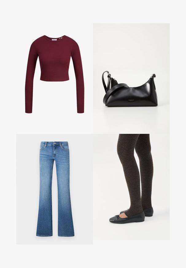 Burgundská crop top, dlhé rukávy, rebrovaná textúra, okrúhly výstrih, mäkký materiál, priliehavý dizajn. Nápisy viditeľné na krku.; Svetlomodré džíny s rozšírenými nohavicami vyrobené z denimu. Majú päťvreckový dizajn, kovové zapínanie na gombík a jemné vyblednutie v oblasti kolien.; Nohy v tmavých pásikavých legínach v kombinácii s čiernymi balerínkami s malými mašličkami na bielom pozadí.; Čierna kožená kabelka s hladkou textúrou. Obsahuje nastaviteľný popruh a elegantný, minimalistický dizajn so zipsovým uzatvorením.