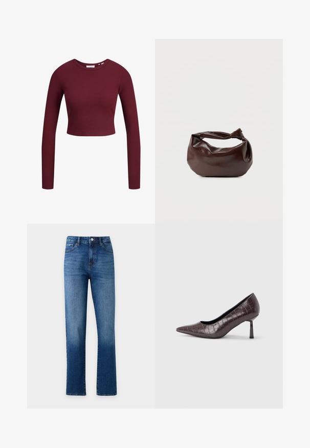 Burgundská crop top, dlhé rukávy, rebrovaná textúra, okrúhly výstrih, mäkký materiál, priliehavý dizajn. Nápisy viditeľné na krku.; Stredne modré rovné rifle s prednými aj zadnými vreckami, pútkami na opasok a kovovým gombíkom v páse.; Hnedé lodičky z umelé kože s krokodílím vzorom, s úzkym, šikmým opätkom a hladkým vnútorným lemovaním.; Tmavohnedá kožená kabelka cez rameno s mäkkým, voľným tvarom a držadlom v podobe skrúteného uzla na jednoduchom bielom pozadí.