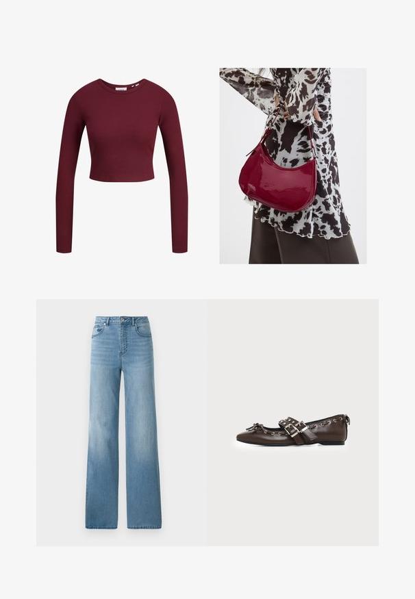 Burgundská crop top, dlhé rukávy, rebrovaná textúra, okrúhly výstrih, mäkký materiál, priliehavý dizajn. Nápisy viditeľné na krku.; Svetlomodré džínsy s vysokým pásom a rovnými nohavicami. Vyrobené z denimu, majú päť vreciek a zapínanie na gombíky.; Tmavohnedá kožená balerína s špicatou špičkou, dvojitými striebornými prackami, kovovými okami a ozdobnou mašľou vpredu.; Žena v čierno-bielom vzorovanom blúzke drží lesklú červenú kabelku cez rameno na jednofarebnom pozadí.