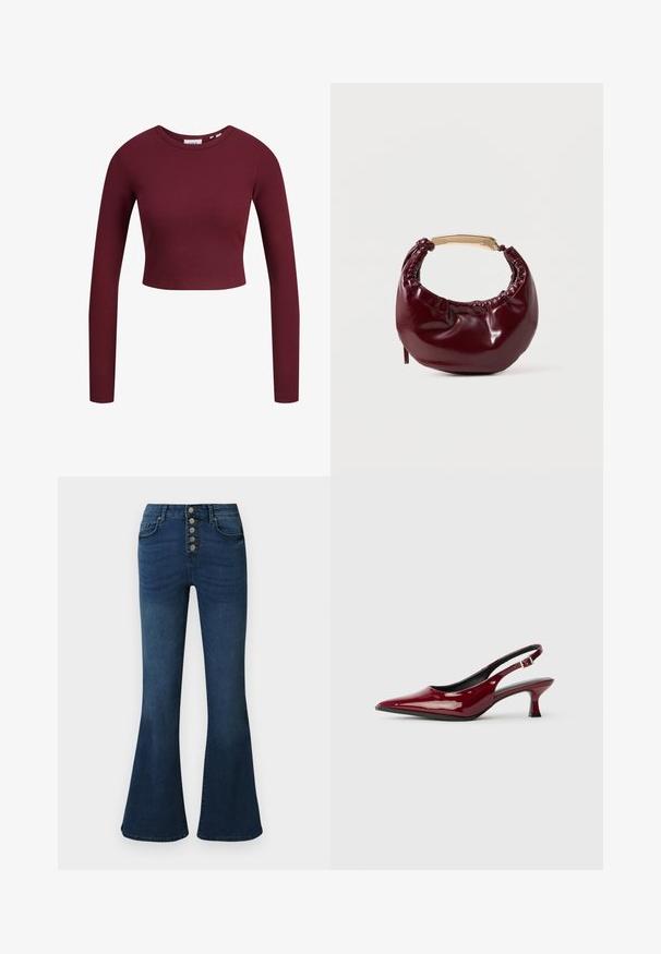 Bordeaux crop top, lange ærmer, ribbet tekstur, rund halsudskæring, blødt materiale, tætsiddende design. Etiketter vist ved halsen.; Mørkeblå denim jeans med vidde forneden, høj talje og lukning med fem knapper foran. Glat tekstur med diskret falming og syningsdetaljer.; Bordeaux patenteret læder slingback hæle med spids tå og en slank stiletto hæl. Åben rygdesign med justerbar ankelrem.; Bordeaux farvet faux læder handbag med en afrundet form, samling detaljer og et guldtonet metalhåndtag. Glat tekstur og blank finish.