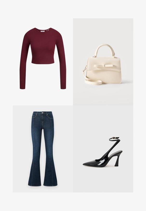 Burgundská crop top, dlhé rukávy, rebrovaná textúra, okrúhly výstrih, mäkký materiál, priliehavý dizajn. Nápisy viditeľné na krku.; Tmavomodré džínsové nohavice zvonového strihu s vysokým pásom, dvoma prednými vreckami a kontrastným prešívaním pozdĺž švov.; Čierne lakované kožené lodičky na podpätku s špicatou špičkou, nastaviteľným popruhom okolo členka a stredne vysokým blokovým podpätkom. Hladký povrch s lesklým finišom.; Malá béžová kabelka s horným uchom, odnímateľným popruhom, predným prekrytím a dekoratívnou horizontálnou mašľou na jednoduchom pozadí.
