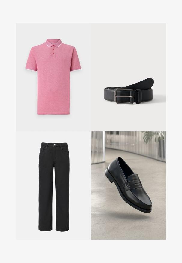 Lyserød polo T-shirt med korte ærmer, ribbet krave, tre-knaps knappemodel og kontrasterende hvid trim ved kraven og ærmerne.; Sorte bukser med vid ben, lavet af bomuld, med fire lommer, frontlukning med knap og et klassisk denimdesign. Glat tekstur, ingen synlige mønstre.; Sort lædersko med glat tekstur, spids tå og en dekorativ rem over vristen. Letvægts sål, minimalistisk design.; Sort læderbælte rullet med rektangulært sølvfarvet metalspænde på en ensartet lys baggrund.