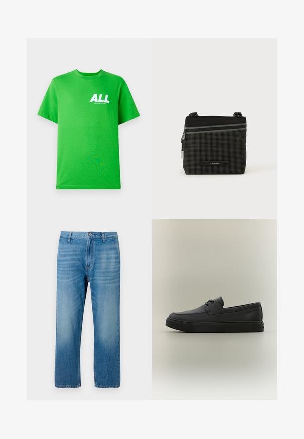 Lysegrøn kortærmet t-shirt med hvid "ALL CALVIN KLEIN" tekst på øverste venstre bryst, præsenteret mod en ensfarvet baggrund.; Lys blå denimbukser med lige pasform, fem lomme-design, knaplukning og subtil falmning på forsiden. Ingen synlige mønstre.; Sort afslappet læderloafer med snøredetaljer og tyk gummisål, vist fra siden på en neutral baggrund.; Sort og grå Calvin Klein crossbody taske med ternet mønster, lynlåslomme foran og justerbar rem på hvid baggrund.