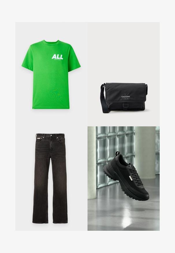 Lysegrøn kortærmet t-shirt med hvid "ALL CALVIN KLEIN" tekst på øverste venstre bryst, præsenteret mod en ensfarvet baggrund.; Sorte denimjeans med lige ben, falmet finish, fem-lomme-stil og metalknaplukning. Har let slidte detaljer.; Sort sportssko med netpaneler på siden og tyk sål, der svæver indendørs nær glasblokke og søjler på en glat gulv.; Sort messenger-taske lavet af holdbart stof med klaplukning, frontspænde og Calvin Klein-logo i sølv. Justerbar rem inkluderet.