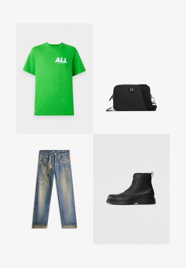 Lysegrøn kortærmet t-shirt med hvid "ALL CALVIN KLEIN" tekst på øverste venstre bryst, præsenteret mod en ensfarvet baggrund.; Blå, falmede jeans med lige ben og trykte design af kæder og nøgler på forlommerne og øverste lårområder.; Sorte struktureret læder ankelstøvle med snørebånd, tykk sål og løkke bagpå, set fra siden.; Sort rektangulær taske lavet af tekstureret materiale, med lynlås lukning, justerbar rem og en logo-patch på fronten.