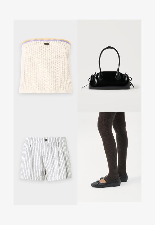 Haut sans bretelles en tricot crème avec une texture côtelée. Accentué de bordures jaunes, violettes et bleues. Comprend un petit logo métallique de la marque.; Shorts rayés en gris clair et blanc, dotés d'une fermeture à bouton, de plis à l'avant et d'un tissu doux et texturé.; Jambes portant des leggings côtelés foncés associés à des ballerines noires avec de petits détails en nœud sur fond blanc.; Petit sac à main noir brillant avec deux longues anses et des détails à cordon sur les côtés sur un fond clair uni.