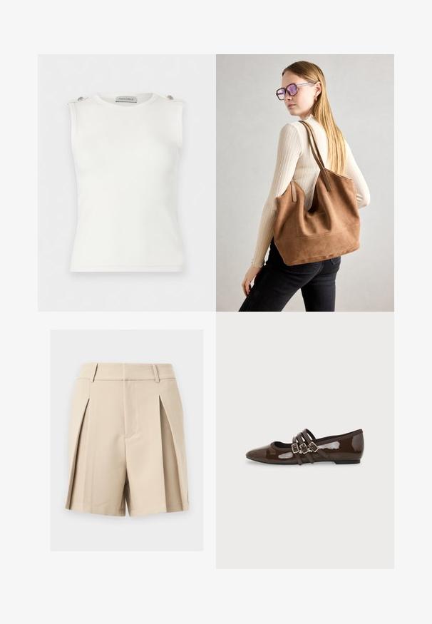 Haut blanc sans manches en côte avec col rond et boutons décoratifs sur les bretelles, étiquette ANNA FIELD.; Shorts beige taille haute, coupés sur mesure, avec passants de ceinture et plis avant, présentés sur un fond neutre.; Chaussure plate en cuir verni marron avec bout pointu et trois brides ajustables à boucle sur le côté, vue du profil extérieur.; Sac fourre-tout en daim marron avec une texture douce, grande ouverture et longues sangles. Présente un design simple avec des coutures visibles et sans matériel.