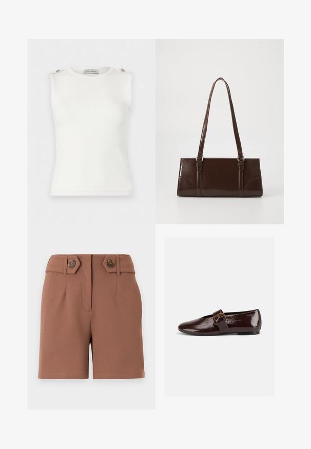 Haut blanc sans manches en côte avec col rond et boutons décoratifs sur les bretelles, étiquette ANNA FIELD.; Shorts marron taille haute avec une fermeture avant dissimulée, des passants pour ceinture et deux boutons décoratifs marron sur des pattes inclinées à la taille.; Chaussure plate en cuir verni marron foncé avec une large bride à boucle dorée et un bout arrondi, présentée de profil sur fond blanc.; Sac à main en cuir verni marron de forme rectangulaire, avec deux longues poignées et des accents courbés subtils à l'avant.