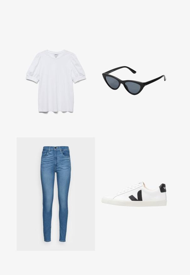 Witte top met korte mouwen, een ronde halslijn en pofmouwen. Gemaakt van een gladde stof en voorzien van een label met de tekst "AWARE."; Blauwe skinny jeans van denim met een hoge taille, vijf zakken en een gladde textuur. Heeft een klassieke knoopsluiting en riemlussen.; Witte sneaker met een zwart V-logo, voorzien van een gladleren bovenwerk, ronde neus, vetersluiting en een contrasterende zwarte hieltab.; Zwarte cat-eye zonnebril met donkergrijze lenzen, slank plastic frame, puntige hoeken en rechte pootjes. Geen zichtbare hardware of accenten.