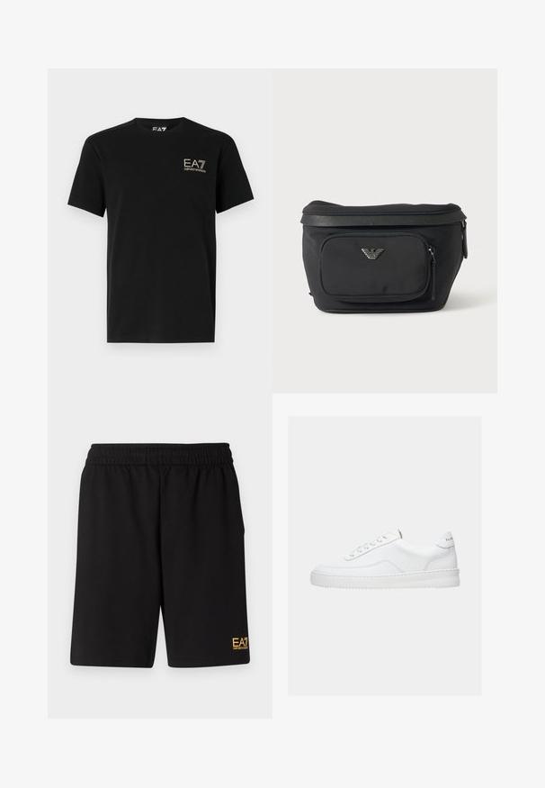Must mustaga T-särk lühikeste varrukatega. Esiküljel on kuldne EA7 Emporio Armani logo. Klassikaline ümar kaelus. Sile tekstuur.; Mustad mustad lühikesed püksid, mis on valmistatud pehmest kangast. Omavad elastset vöökohta ja väikest kollast EA7 logo vasakul jalal.; Valge madala säärega tossud, millel on paelaga kinnitus, sile nahast pealmine osa ja paks tald, näidatud külgvaates lihtsal taustal.; Must vöökott esiluku tasku ja hõbedase kotka logoga, siledast kangast tekstuurse äärega ja tõmblukuga.