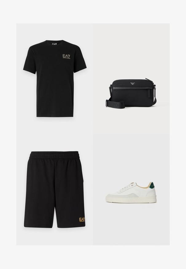 Musta puuvillainen t-paita lyhyillä hihoilla. Rinnassa on kultainen EA7 Emporio Armani -logo. Klassinen pyöreä kaula-aukko. Silkkinen pinta.; Mustat urheilushortsit, jotka on valmistettu pehmeästä kankaasta. Kengissä on joustava vyötärönauha ja pieni keltainen EA7-logo vasemmassa alakulmassa.; Valkoiset tennarit, joissa on nahkaosia, pyöreä kärki, tasaiset nauhat ja kermaisa kumi-pohja. Takana vihreä brändäys.; Musta suorakaiteen muotoinen olkalaukku, jossa edessä vetoketjutasku, säädettävä olkahihna ja pieni metallinen logo yläkeskellä.