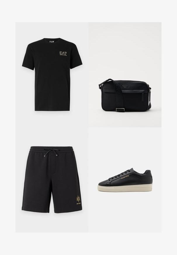 Must mustaga T-särk lühikeste varrukatega. Esiküljel on kuldne EA7 Emporio Armani logo. Klassikaline ümar kaelus. Sile tekstuur.; Mustad põlveni püksid, mille taljes on nöör ja alumisel vasakul jalal väike kollane "A|X Armani Exchange" logo.; Must have nahkased jalatsid sujuva viimistlusega, kontrastse kreemja talla, ümarate varvastega, kuldse logoga külgedel ja kuue silmaga nööride jaoks.; Musta nailonist õlakott kontrastse rihmaga, stiilne ristkülikukujuline kuju, logo detail ja esipoolse lukuga tasku.