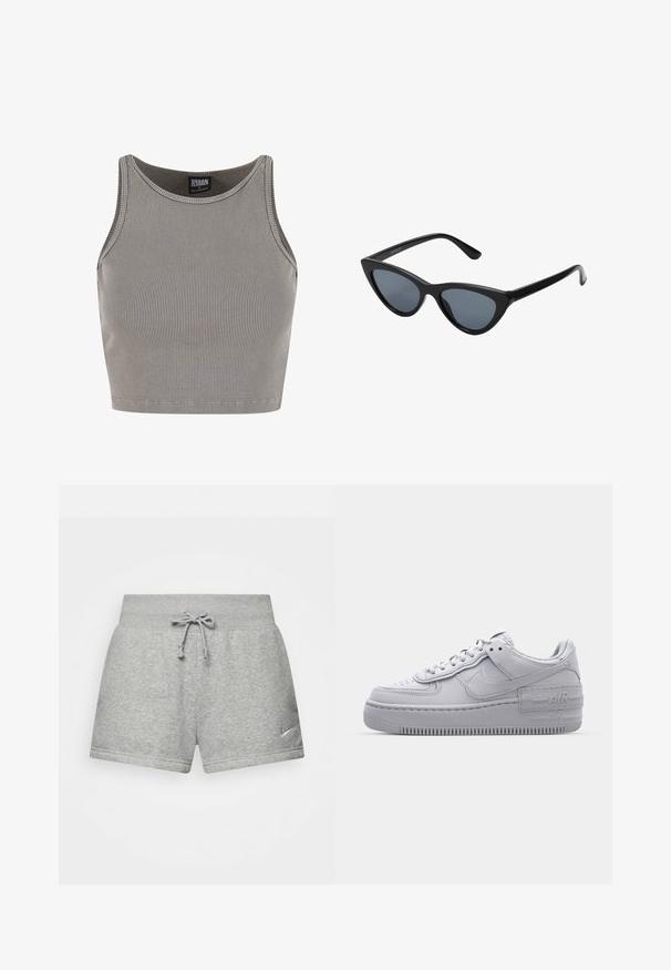 Urban Classics CROPPED - Top - steelgrey; Grå atletiske shorts lavet af blødt stof, med en elastisk talje med snor, og et lille Nike-logo på den nederste venstre side.; Grå Nike Air Force 1 sneakers med perforeret tå, glat læderoverdel, tyk sål og præget 'AIR' detalje på hælen.; Sorte katteøje solbriller med mørkegrå linser, slankt plastisk stel, spidse hjørner og lige stænger. Ingen synlig hardware eller dekorationer.