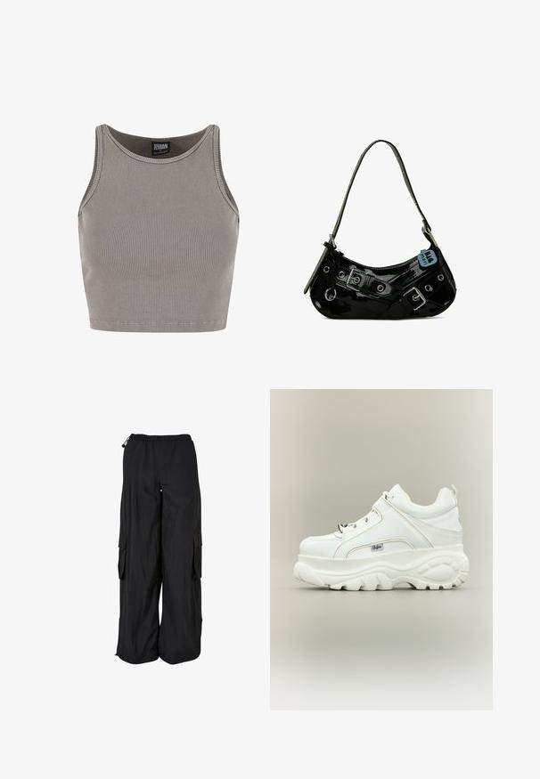 Urban Classics CROPPED - Top - steelgrey; Svarte cargobukser med vidde ben, elastisk talje, sidelommer med klap og justerbare snore i talje og forneden.; Hvid platformsneaker med tyk klodset sål, snørebånd foran og Buffalo-brandlogo på siden, vist fra ydersiden.; Sort lakeret skuldertaske med en buet form, udsmykket med sølvhardware, dekorative spænder og en kort rem. Blå mærkat vedhæftet.