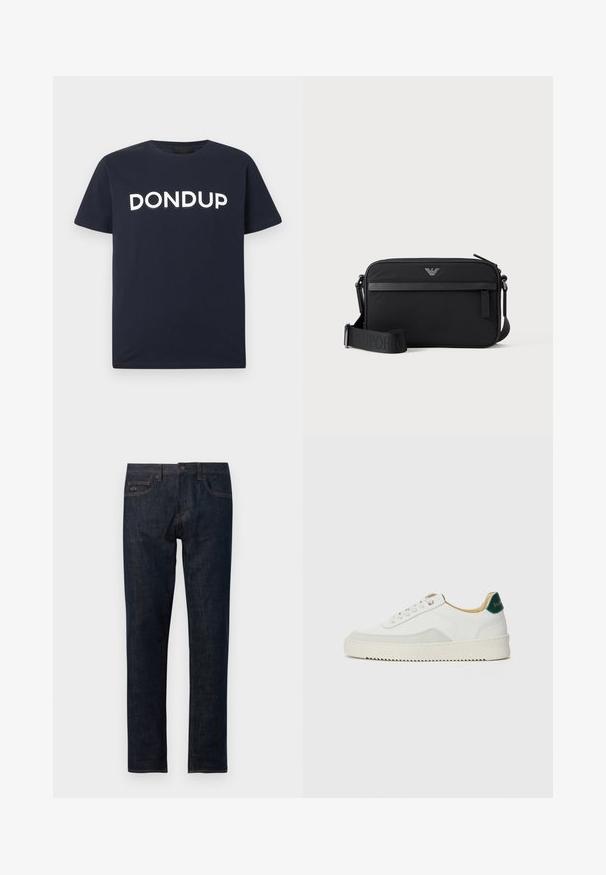 T-shirt bleu marine à manches courtes avec le logo blanc "DONDUP" centré sur la poitrine, col rond, design épuré.; Jean en denim bleu foncé avec une coupe droite, doté d'une fermeture à bouton, de cinq poches et de coutures orange.; Baskets blanches avec des accents en daim, bout arrondi, lacets plats et semelle en caoutchouc crème. Présente une marque verte sur le talon.; Sac bandoulière rectangulaire noir avec poche avant zippée, sangle réglable et petit logo métallique en haut au centre.