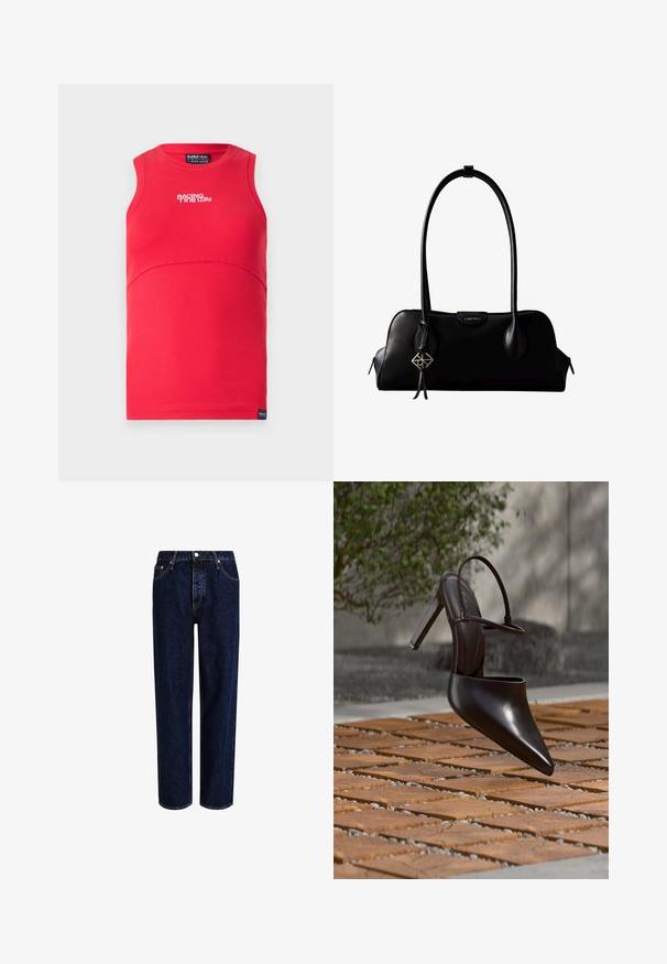 Rød, ærmeløs top med ribbet tekstur. Har en buet søm, en rund halsudskæring og hvid tekst "RACING" på forsiden.; Mørkeblå denim jeans med lige ben-design, der har høj talje, fem-lomme-stil og kontrastsyninger. Ingen dekorationer.; Blank højhælet mule med spids tå og ankelrem, svævende over en terracottaflisebelagt overflade med grusfyldte mellemrum.; Sort lædertaske fra Calvin Klein med lang skulderrem, lynlåse på siderne og en dekorativ vedhæng, der hænger fra den ene rem.