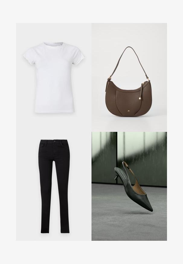 T-shirt en coton blanc avec des manches courtes à bords festonnés, un col rond, une coupe ajustée, une texture lisse et sans motifs ni embellissements visibles.; Jean skinny en denim noir avec une taille basse, des poches avant et une fermeture à bouton. Présente une texture lisse et un design minimaliste.; Chaussure slingback à talon kitten noire à bout pointu, avec une fine bride et une étiquette « ANNA FIELD » sur la semelle intérieure, sur un fond gris flou.; Sac à main en cuir brun avec une forme courbée, accentué par un petit détail en métal doré et une surface texturée, doté d'une fermeture éclair.