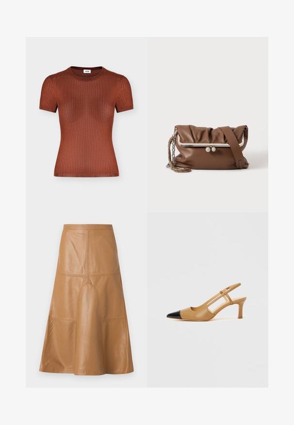 Haut en maille côtelée à manches courtes couleur rouille marron avec un col rond, une silhouette ajustée et des détails de texture subtils.; Jupe midi ligne A en simili cuir marron avec des détails de coutures visibles et un léger évasement à l'ourlet, présentée sur un fond uni.; Escarpins slingback couleur fauve avec embout pointu noir, côtés découpés et talon bloc de hauteur moyenne. Matière en cuir lisse.; Sac à épaule en cuir souple marron avec cadre métallique argenté et fermoir, une sangle réglable et une poignée chaîne tressée sur fond blanc.